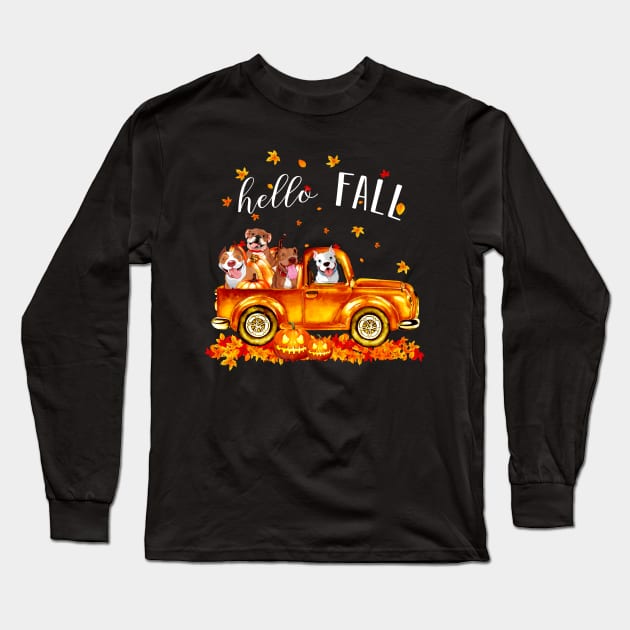 Pitbulls Hello Fall - Pitbulls In Car Pumpkin Halloween T-shirt Pitbulls Autunm Gift Long Sleeve T-Shirt by kimmygoderteart